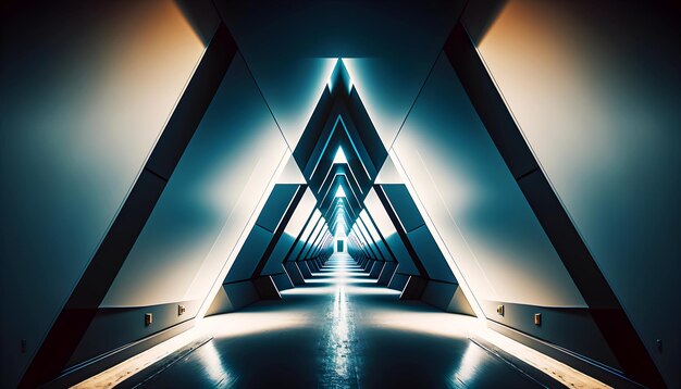 Foto túnel triangular futurista con ilustración generativa de ai de neón azul