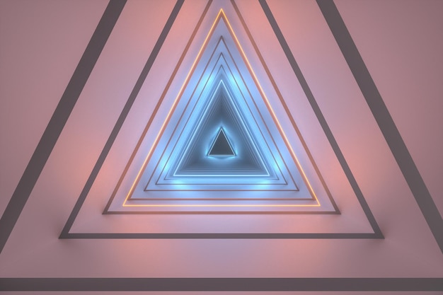 Túnel de triángulo de renderización 3D con líneas brillantes en el fondo