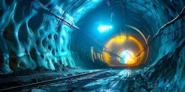 Foto un túnel de vanguardia con características de seguridad avanzadas que desaparece en la oscuridad mientras se está construyendo concepto progreso de la construcción tecnología de túnel medidas de seguridad ingeniería maravilla