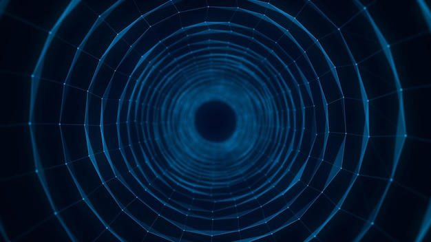 Túnel de velocidad futurista cibernético Agujero de gusano de ciencia ficción Portal de estructura alámbrica 3D abstracto con líneas de conexión y puntos Flujo de datos Tecnología embudo de cuadrícula Representación 3d