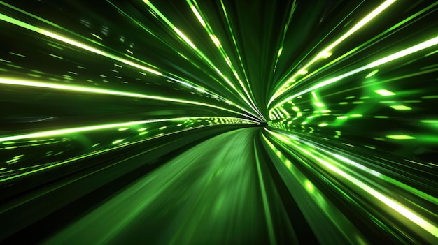 Túnel verde abstracto con rayas de luz dinámicas que crean una atmósfera futurista