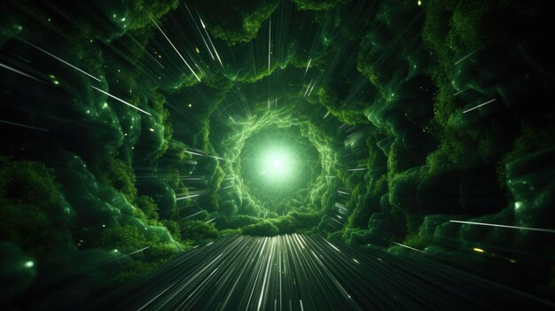Túnel verde futurista con rayos de luz de fondo de renderización en 3D