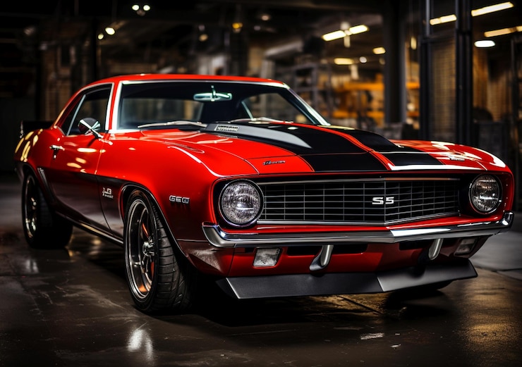 Foto tuning vermelho e preto do carro muscular