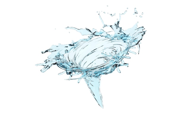 Turbilhão 3D água azul clara espalhada em torno de salpico de água transparente isolado em fundo branco ilustração de renderização 3D