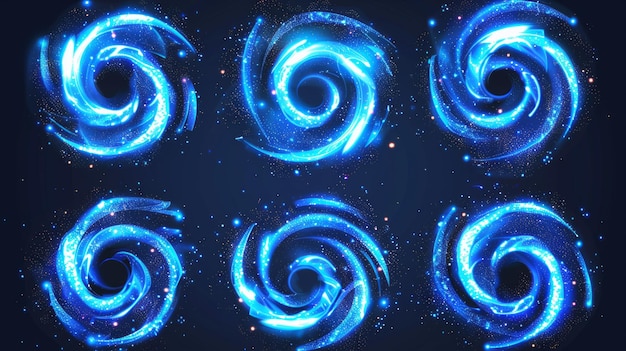 Turbilhões de ar mágico com turbilhões de brilho azul e vórtice isolado em fundo transparente com turbilões de vento abstratos