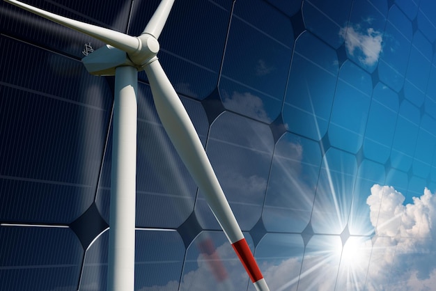 Foto turbina eólica blanca y un panel solar con nubes de cielo azul y rayos de sol - concepto de energía renovable