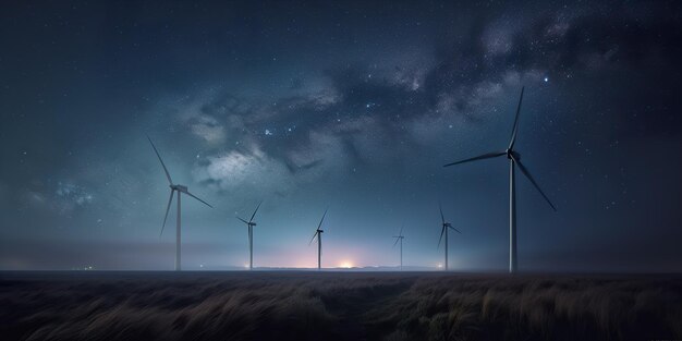 Foto turbina eólica en el campo al atardecer siluetas en el fondo azul oscuro del cielo nocturno