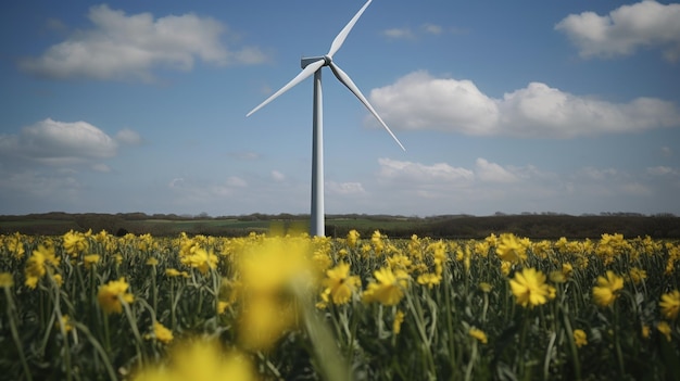 Turbina eólica en un campo de flores amarillas Energía alternativa IA generativa