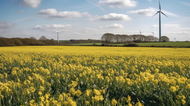 Turbina eólica en un campo de flores amarillas Energía alternativa IA generativa