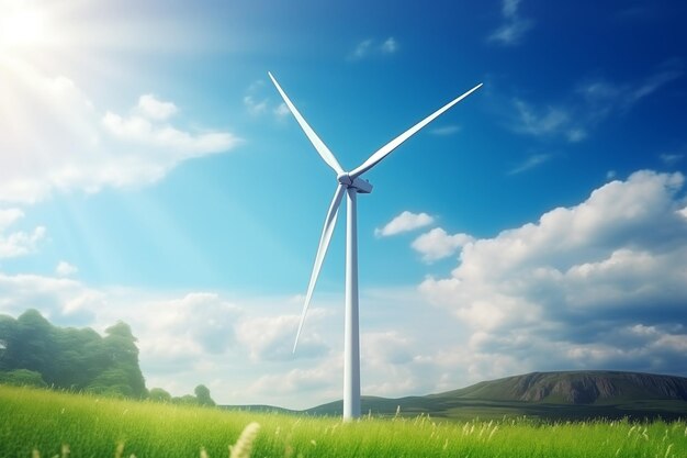 una turbina eólica en un campo con el sol brillando en el cielo