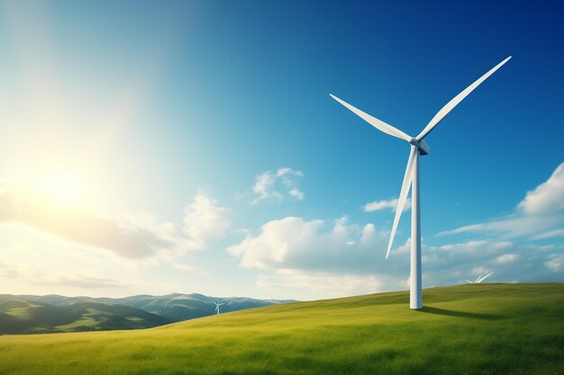 una turbina eólica en una colina verde con el sol brillando detrás de ella