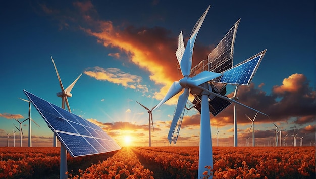 Turbina eólica de moinho e painel de células solares no céu azul ao pôr-do-sol energia elétrica renovável conc
