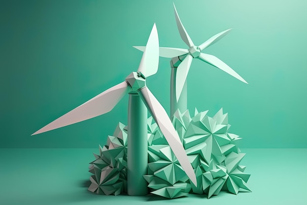 Turbina eólica e energias renováveis alternativas Arte em papel do conceito de ecologia e ambiente Paisagem de natureza ecológica