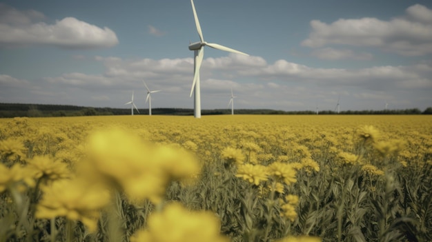 Turbina eólica em um campo de flores amarelas Energia alternativa Generative AI