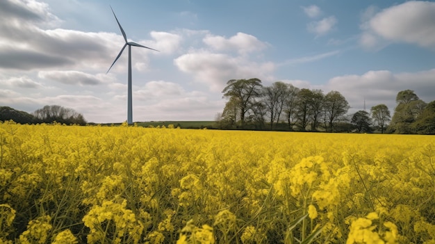 Turbina eólica em um campo de flores amarelas Energia alternativa Generative AI