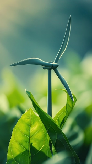 Una turbina eólica está sentada en la parte superior de una hoja verde