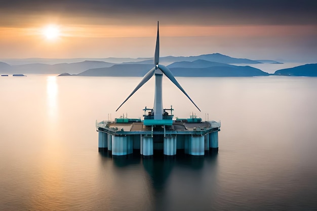 Una turbina de viento en el agua con la puesta de sol detrás de ella