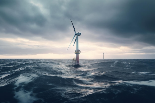 Una turbina de viento en el océano con un cielo nublado en el fondo