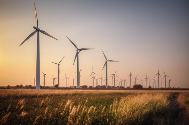 Turbina de viento en el paisaje de campo de hierba Concepto de medio ambiente mundial y día de la tierra