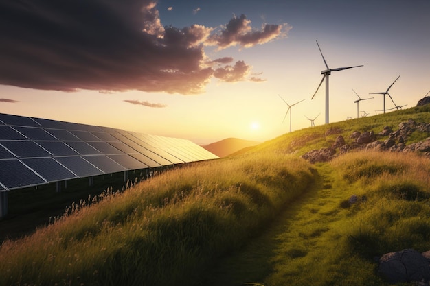 Turbinas de energia eólica de painéis solares geradas por IA contra a paisagem e o céu azul com fundo de nuvens