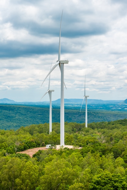 Turbinas de energia eólica no meio da natureza, desfiladeiro e céu das árvores