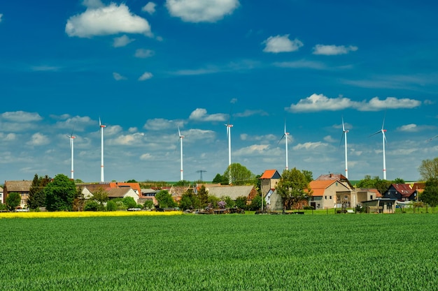 Turbinas eléctricas eólicas en campo de trigo agrícola en el campo Deutchland