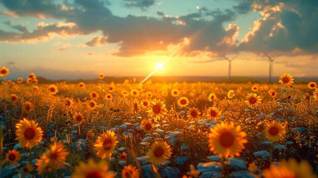 Turbinas eólicas al atardecer en un campo con amapolas y margaritas