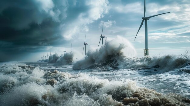 Turbinas eólicas en alta mar con olas que se estrellan en sus bases