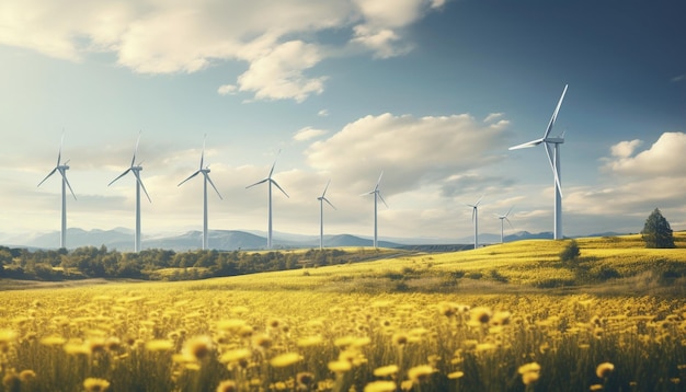 Turbinas eólicas en un campo amarillo de colza Fuente de energía alternativa