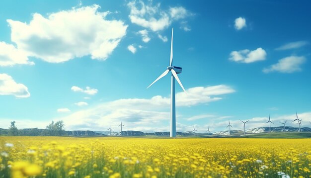 Turbinas eólicas en un campo amarillo de colza Fuente de energía alternativa