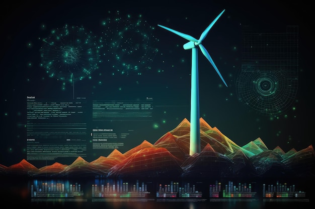 Turbinas eólicas conceito infográfico de energia renovável fundo com energia verde IA geradora