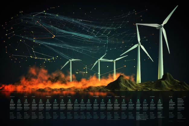 Turbinas eólicas conceito infográfico de energia renovável fundo com energia verde IA geradora