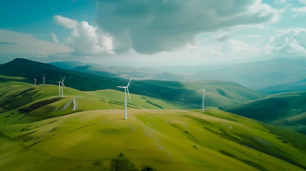 Turbinas eólicas de energia ecológica global em uma fazenda de colinas verdes fonte de energia alternativa sustentabilidade e