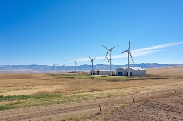 Turbinas eólicas de paisagem de dia ensolarado que geram energia renovável num campo aberto