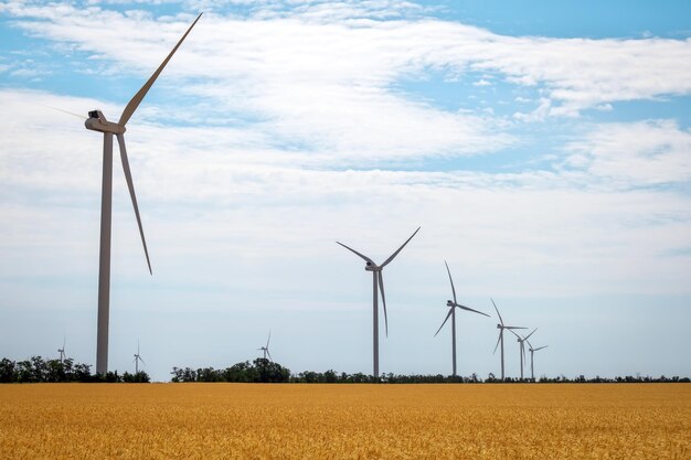 Turbinas eólicas e campo agrícola em um dia de verão produção de energia energia limpa e renovávelxa