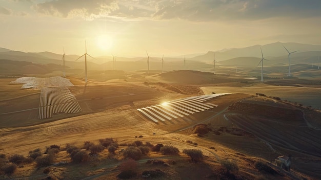 Turbinas eólicas e painéis solares em uma fazenda em uma paisagem deslumbrante