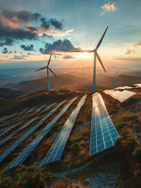 Turbinas eólicas e painéis solares em uma fazenda em uma paisagem deslumbrante