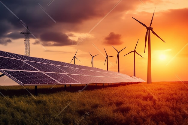 Turbinas eólicas e um painel solar em um campo ao pôr do sol