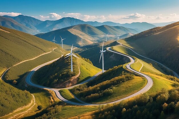 Turbinas eólicas em belas paisagens montanhosas ensolaradas de verão e outono