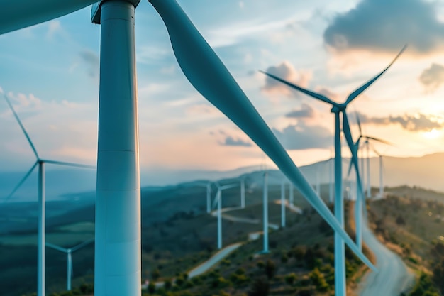 Turbinas eólicas em frente a um pôr-do-sol mostrando energia renovável
