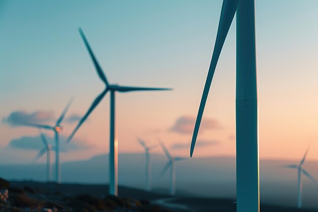 Turbinas eólicas erguidas sob um céu tranquilo ao pôr-do-sol, simbolizando energia sustentável