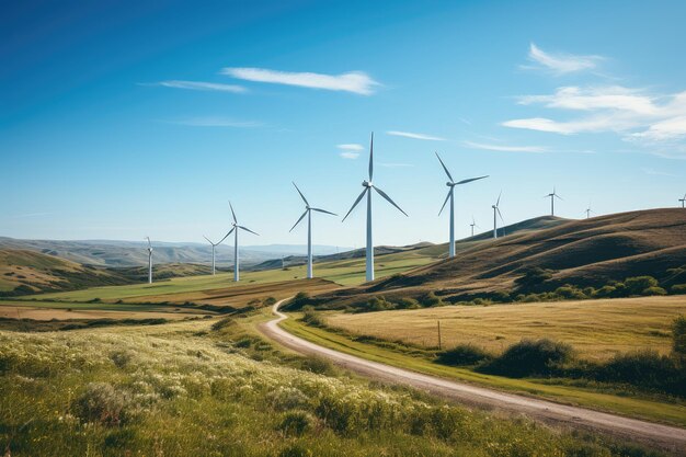 Turbinas eólicas geram energia no campo ensolarado IA generativo