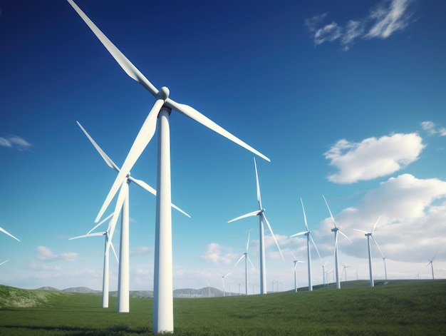 Turbinas eólicas gerando eletricidade com o conceito de conservação de energia do céu azul Generative AI