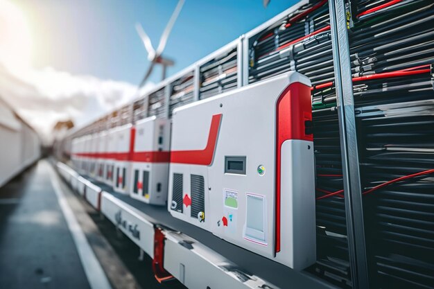 Las turbinas eólicas giran su energía almacenada en enormes bancos de baterías para proporcionar energía sostenible durante