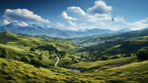 Foto turbinas eólicas girando en armonía en una ladera ventosa fotorrealista