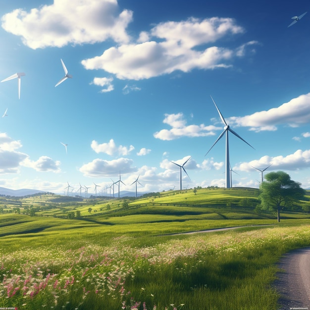 Turbinas eólicas girando em um campo rural idílico e ensolarado