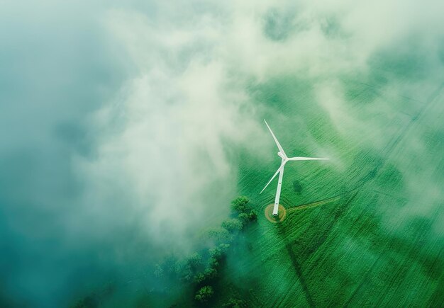 Turbinas eólicas místicas de la mañana surgen de la espesa niebla sobre los campos verdes y exuberantes