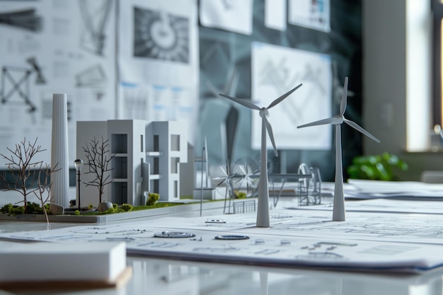 Turbinas eólicas y modelos de casas en un diseño arquitectónico