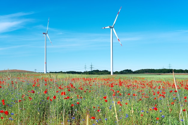 Turbinas eólicas modernas no campo de flores com papoula vermelha e flores azuis. energia verde alternativa, estilo de vida sustentável e ecologicamente correto, tecnologia moderna.