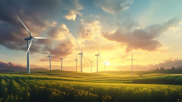 turbinas eólicas no campo com céu colorido e nuvens
